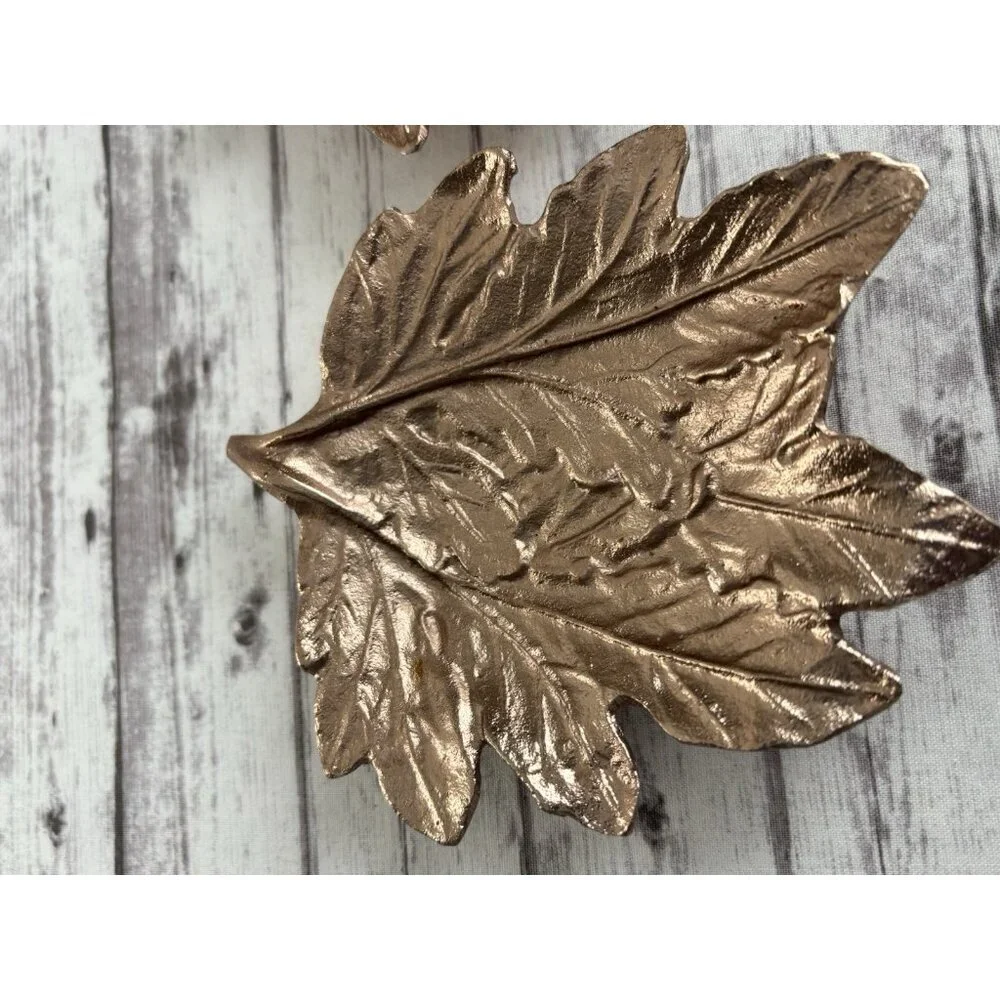 PAIR Pier One Fall Leaf Shaped Rose Gold Plates Metal Trinket Trays Decor 5”